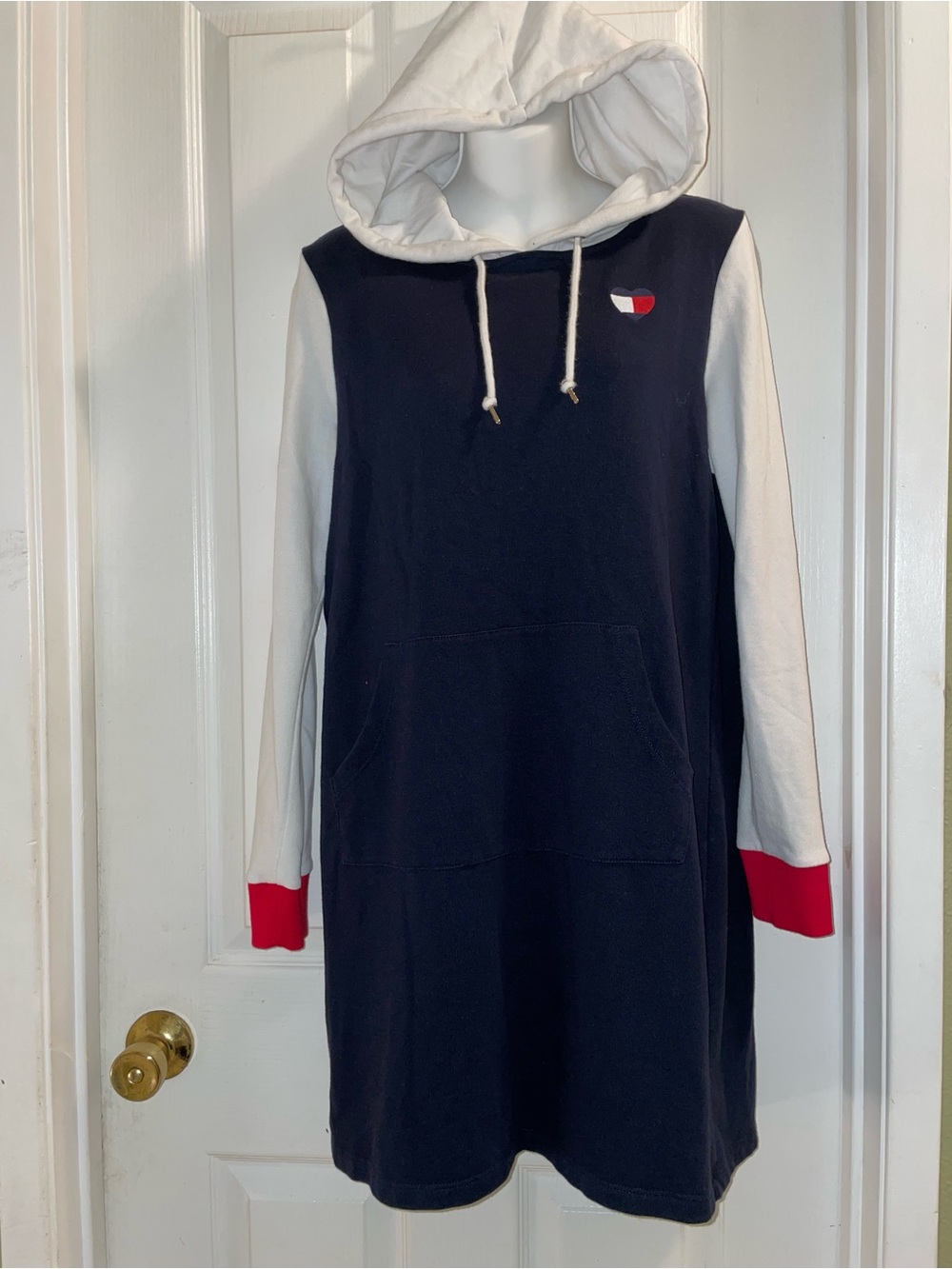 Tommy Hilfiger Navy Hooded Sweatshirt Dress with White Sleeves and Red Accents - Picture 2 of 9